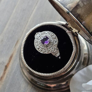 Elegant 925 Silver Vintage Purple Amethyst Round Halo Ring, Cocktail Ring